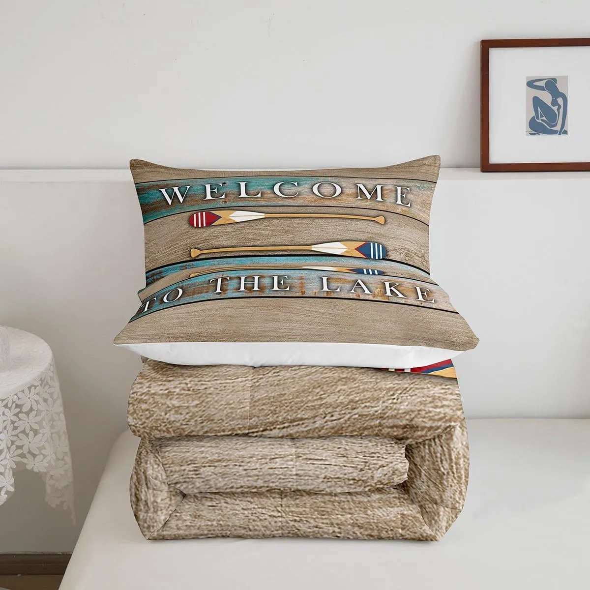 Lake House Queen Bedding Set Rustic Farmhouse Comforter Set, Lake Paddle Bedding Comforter Sets Lake Cabin Decor, Brown Retro Wood Old Barn Duvet Insert For Teens Adult Women Men Lake Lovers Gifts