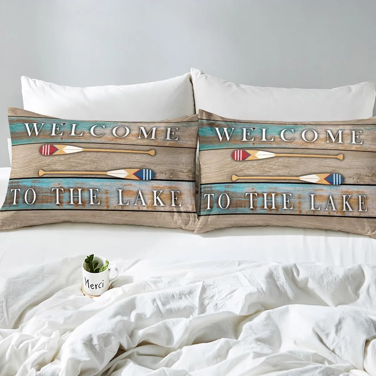 Lake House Queen Bedding Set Rustic Farmhouse Comforter Set, Lake Paddle Bedding Comforter Sets Lake Cabin Decor, Brown Retro Wood Old Barn Duvet Insert For Teens Adult Women Men Lake Lovers Gifts