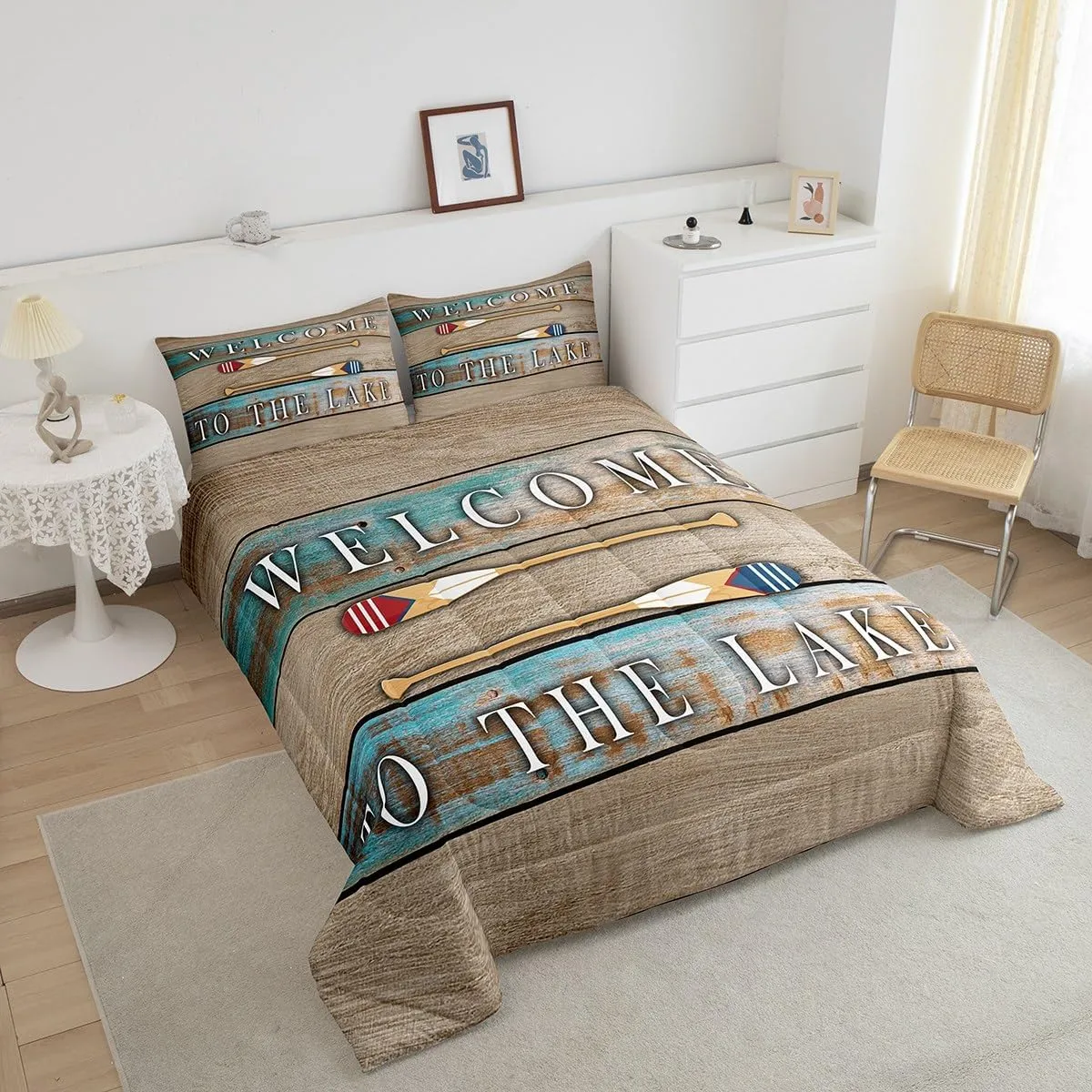 Lake House Queen Bedding Set Rustic Farmhouse Comforter Set, Lake Paddle Bedding Comforter Sets Lake Cabin Decor, Brown Retro Wood Old Barn Duvet Insert For Teens Adult Women Men Lake Lovers Gifts