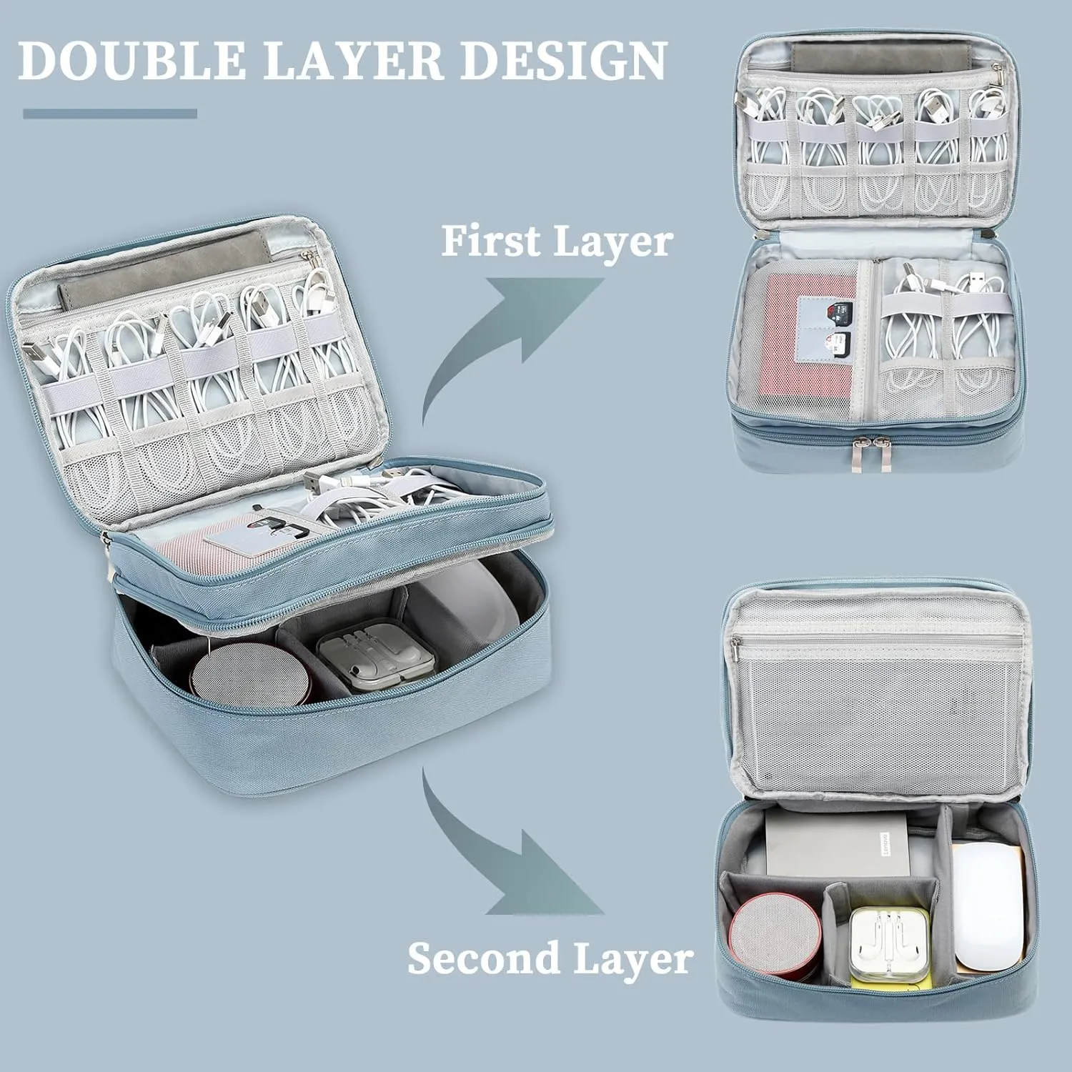 Lanola Travel Cable Organizer Bag, Electronic Accessories Case Portable Double Layer Cable Storage Bag for Cord,phone,Charger, Flash Drive,SD Card,Phone,Power Bank,Personal Items - Grey