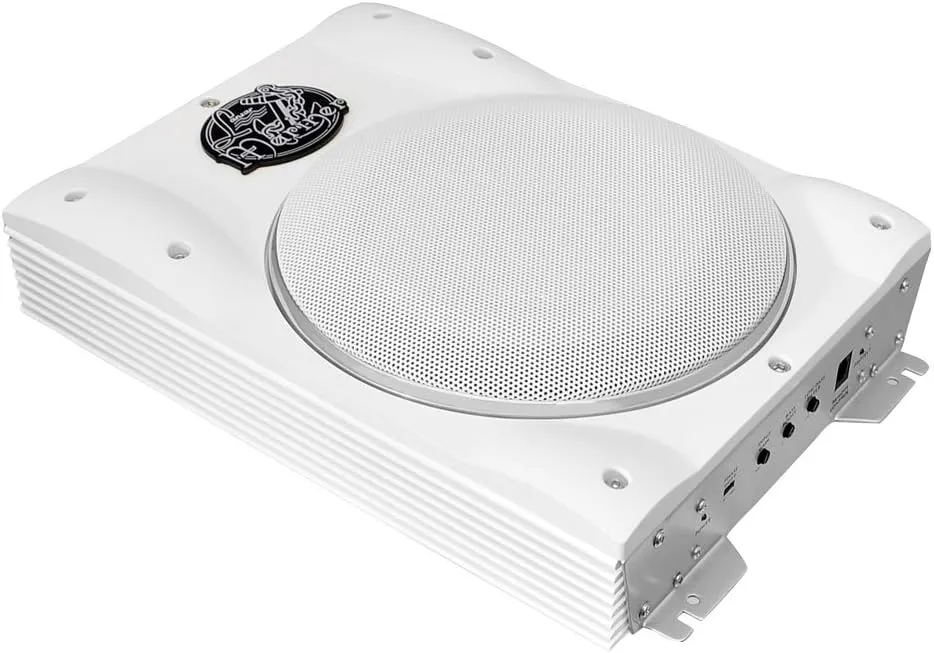 Lanzar Low Profile Marine Subwoofer System - 1000 Watt 8 Inch Slim Active Waterproof Amplified Bass Speaker - Underseat Mount Audio Sound Amplifier Box, Marine Vehicles - Lanzar AQTB8 (White)