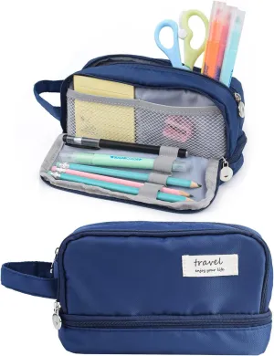 Large Capacity Pencil Case, Pen Bag, Stationery Storage Kit, Multiple Compartments, Office Travel Pouch, Arts and Crafts Supplies Organizer (DARK BLUE)