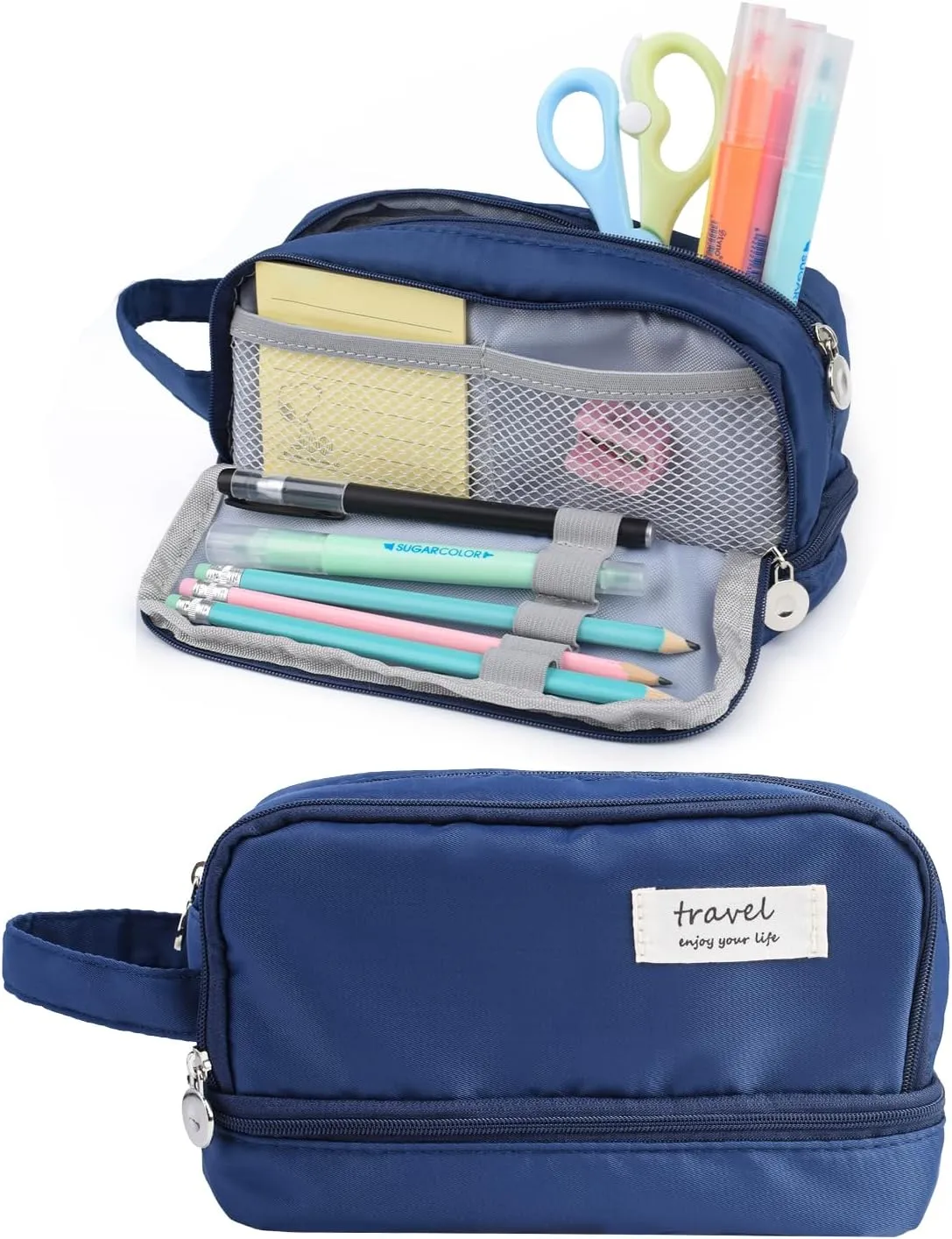 Large Capacity Pencil Case, Pen Bag, Stationery Storage Kit, Multiple Compartments, Office Travel Pouch, Arts and Crafts Supplies Organizer (DARK BLUE)