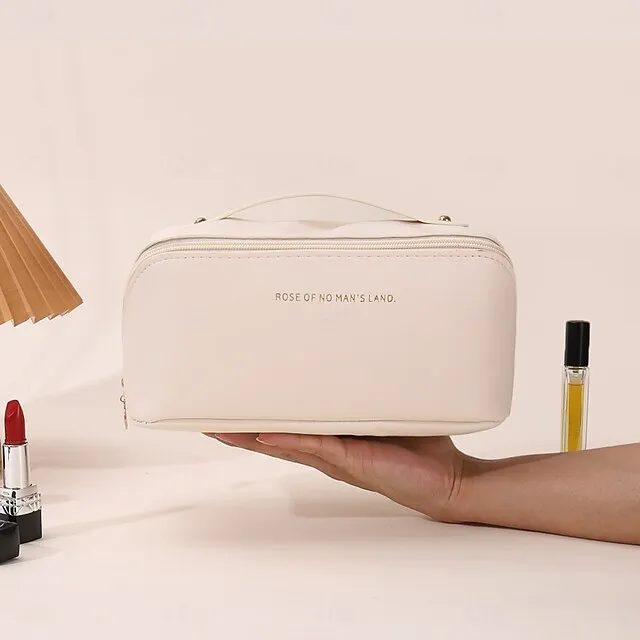 Large Capacity Travel Jewelry Cosmetic Bag, Fashionable PU Leather Makeup Organizer, Portable Toiletry Bag with Handle for Travel and Storage