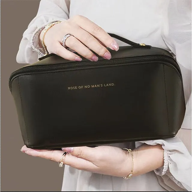 Large Capacity Travel Jewelry Cosmetic Bag, Fashionable PU Leather Makeup Organizer, Portable Toiletry Bag with Handle for Travel and Storage