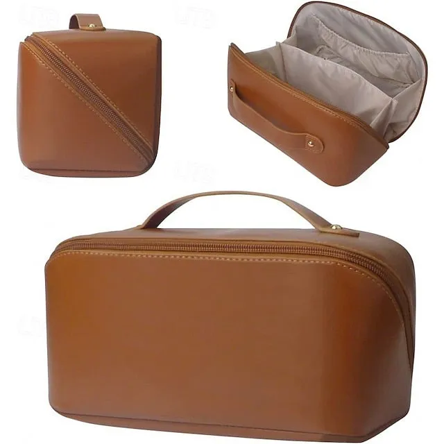 Large Capacity Travel Jewelry Cosmetic Bag, Fashionable PU Leather Makeup Organizer, Portable Toiletry Bag with Handle for Travel and Storage