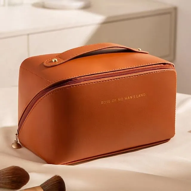Large Capacity Travel Jewelry Cosmetic Bag, Fashionable PU Leather Makeup Organizer, Portable Toiletry Bag with Handle for Travel and Storage