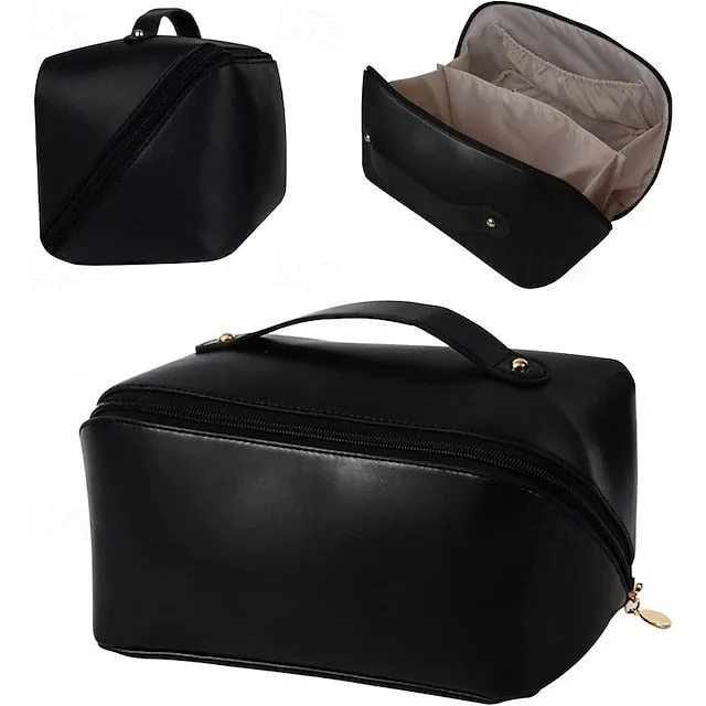 Large Capacity Travel Jewelry Cosmetic Bag, Fashionable PU Leather Makeup Organizer, Portable Toiletry Bag with Handle for Travel and Storage