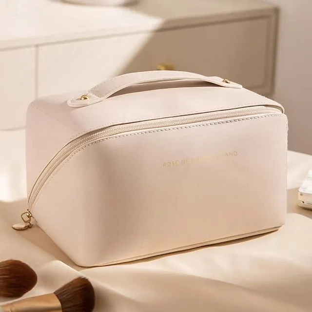 Large Capacity Travel Jewelry Cosmetic Bag, Fashionable PU Leather Makeup Organizer, Portable Toiletry Bag with Handle for Travel and Storage