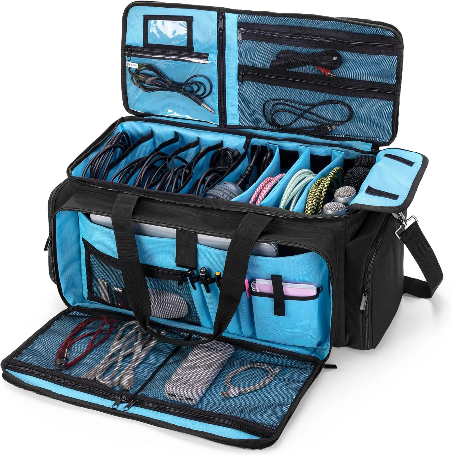 Large DJ Gig Bag, Travel DJ Cable File Case with Padded Bottom & Detachable Dividers, DJ Gear Storage Organizer for Microphones, 14" Laptop, Sound Equipment & Music Instrument, Black, Bag Only