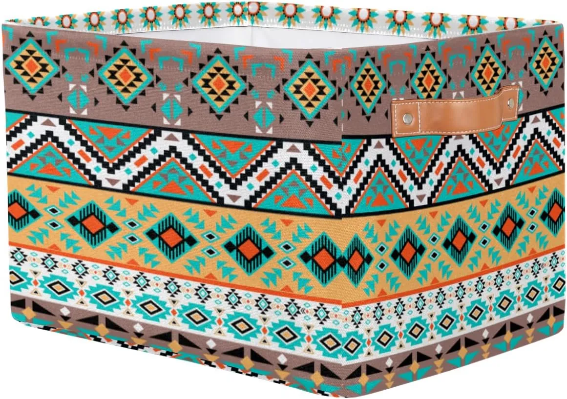 Large Foldable Storage Baskets with Handles, Mexican American Motifs Geometric Fabric Collapsible Storage Bin Organizer Bag for Girls Storage Toy Home Pet Closets Offices Bedrooms
