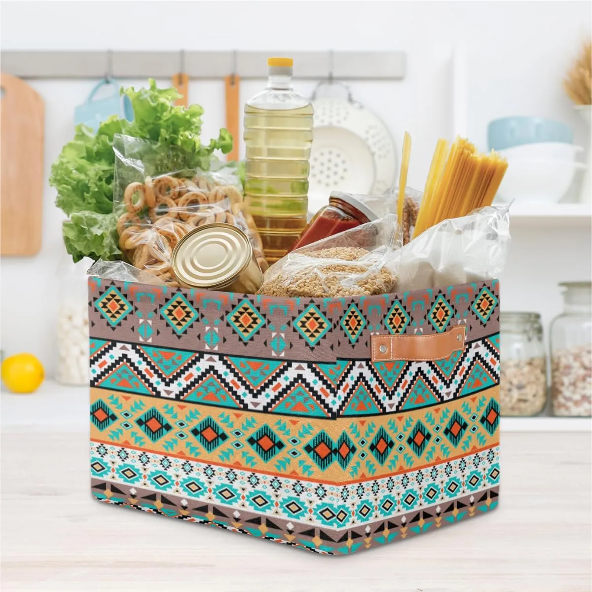 Large Foldable Storage Baskets with Handles, Mexican American Motifs Geometric Fabric Collapsible Storage Bin Organizer Bag for Girls Storage Toy Home Pet Closets Offices Bedrooms