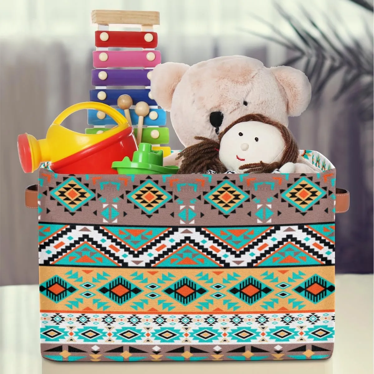 Large Foldable Storage Baskets with Handles, Mexican American Motifs Geometric Fabric Collapsible Storage Bin Organizer Bag for Girls Storage Toy Home Pet Closets Offices Bedrooms