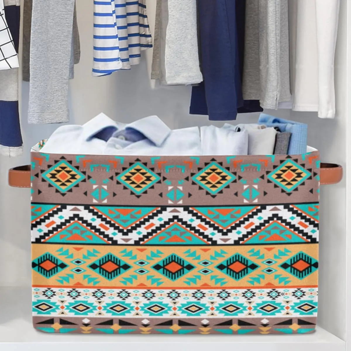 Large Foldable Storage Baskets with Handles, Mexican American Motifs Geometric Fabric Collapsible Storage Bin Organizer Bag for Girls Storage Toy Home Pet Closets Offices Bedrooms