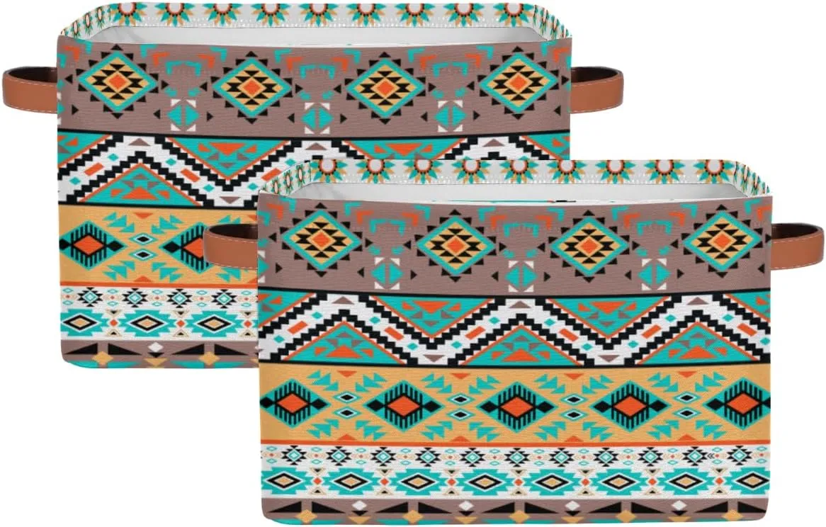 Large Foldable Storage Baskets with Handles, Mexican American Motifs Geometric Fabric Collapsible Storage Bin Organizer Bag for Girls Storage Toy Home Pet Closets Offices Bedrooms