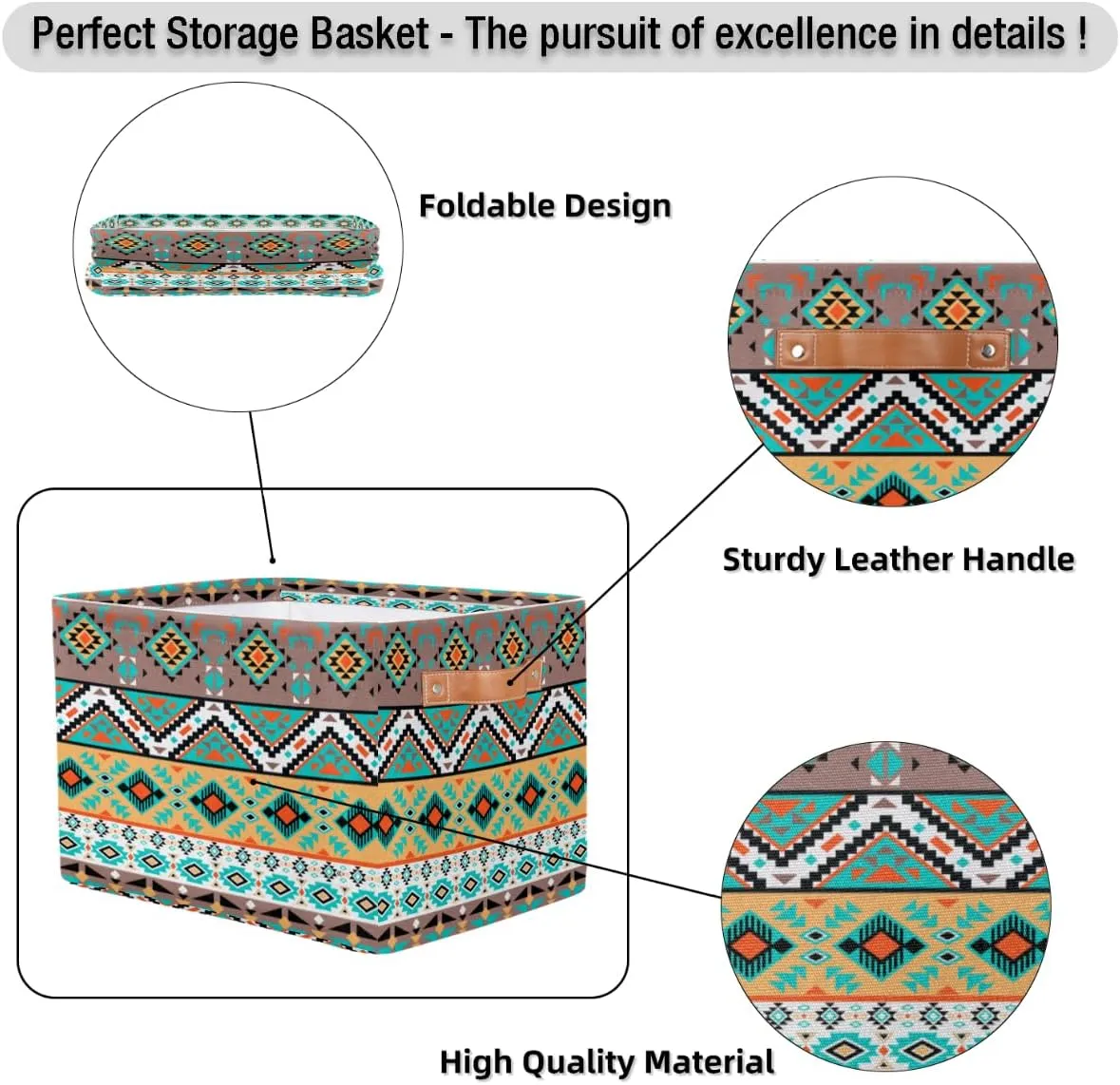Large Foldable Storage Baskets with Handles, Mexican American Motifs Geometric Fabric Collapsible Storage Bin Organizer Bag for Girls Storage Toy Home Pet Closets Offices Bedrooms