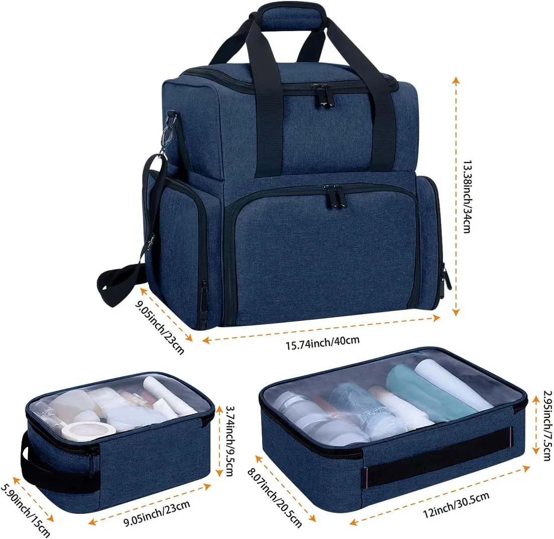 Large Makeup Cosmetic Bag with 3 Removable Case and 2 Removable Dividers Double Layer Travel Storage Organizer, Makeup Brushes Storage Section Blue
