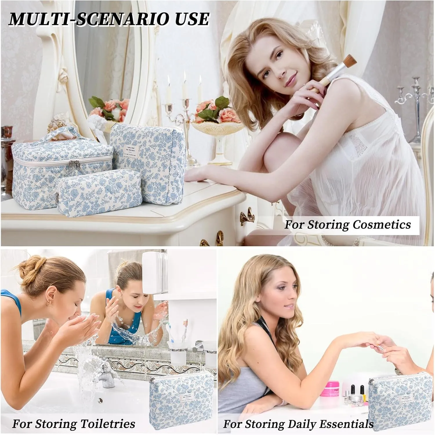 Large Quilted Makeup Bag for Women and Girls, Cute Coquette Floral Cotton Cosmetic Bag, Aesthetic Travel Organized Toiletry Bags (03-blue flower)