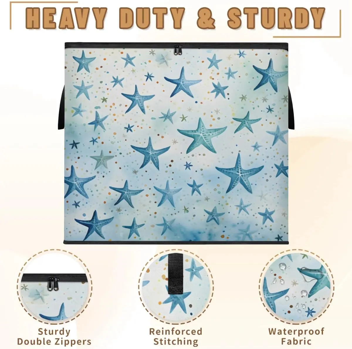 Large Storage Bags Blue Starfish Closet Organizer Foldable Clothes Storage Bins with Handles Storage Containers for Blanket Comforter Pillow