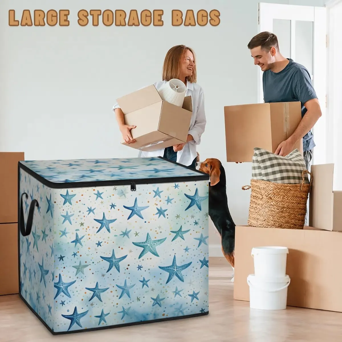 Large Storage Bags Blue Starfish Closet Organizer Foldable Clothes Storage Bins with Handles Storage Containers for Blanket Comforter Pillow