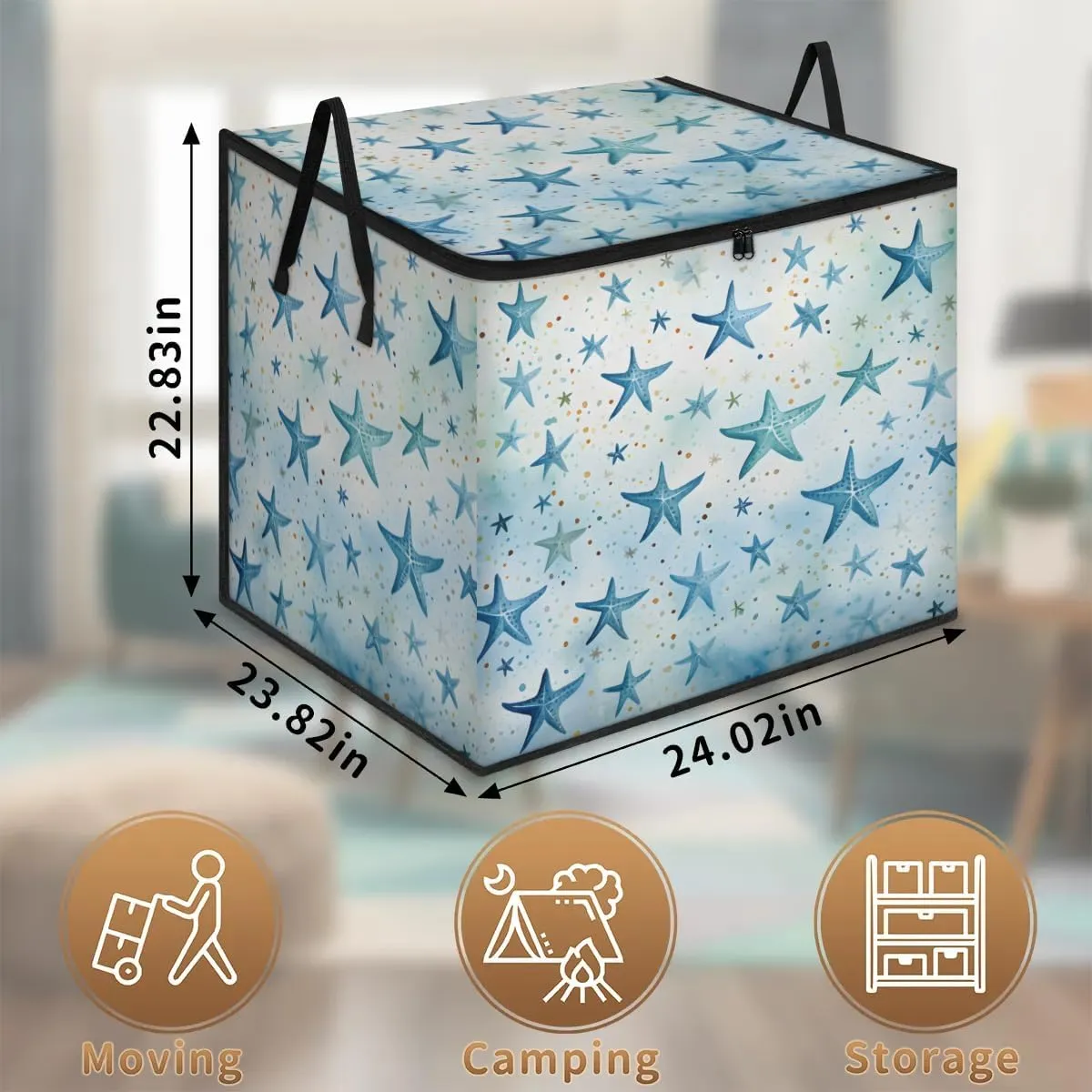 Large Storage Bags Blue Starfish Closet Organizer Foldable Clothes Storage Bins with Handles Storage Containers for Blanket Comforter Pillow