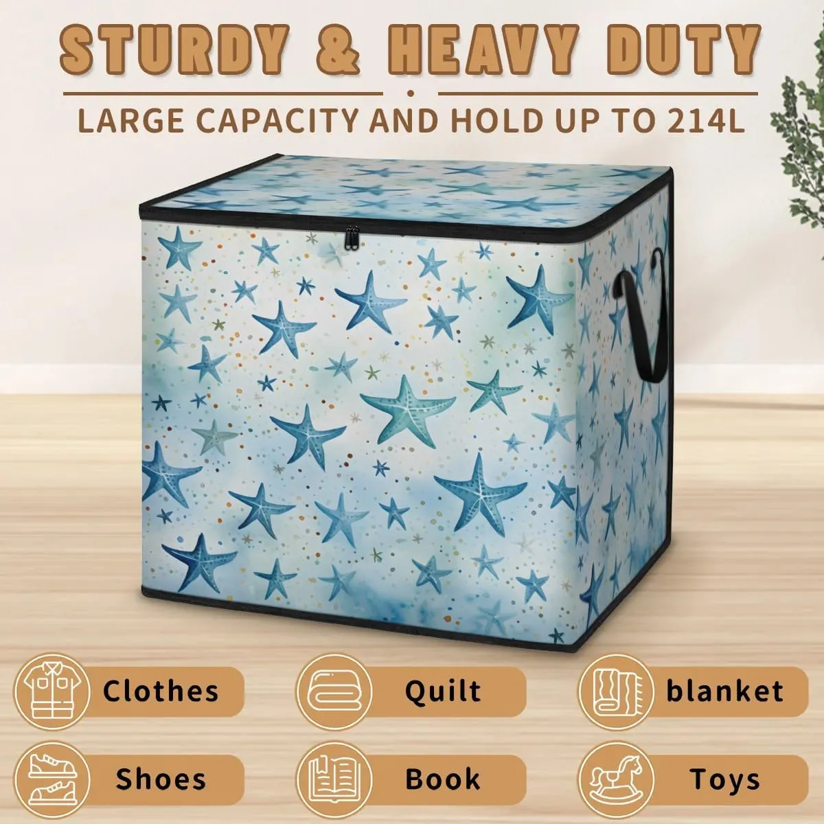 Large Storage Bags Blue Starfish Closet Organizer Foldable Clothes Storage Bins with Handles Storage Containers for Blanket Comforter Pillow