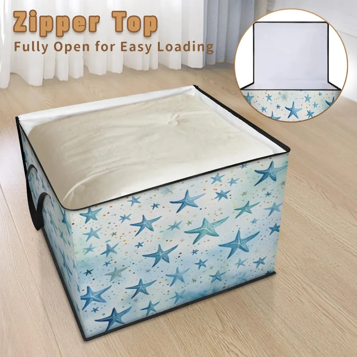Large Storage Bags Blue Starfish Closet Organizer Foldable Clothes Storage Bins with Handles Storage Containers for Blanket Comforter Pillow
