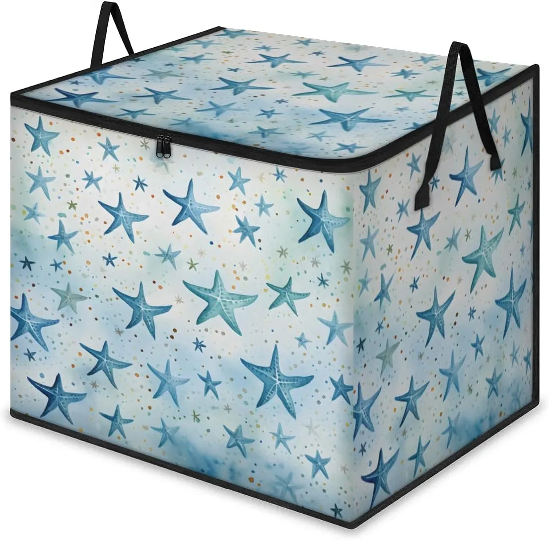 Large Storage Bags Blue Starfish Closet Organizer Foldable Clothes Storage Bins with Handles Storage Containers for Blanket Comforter Pillow