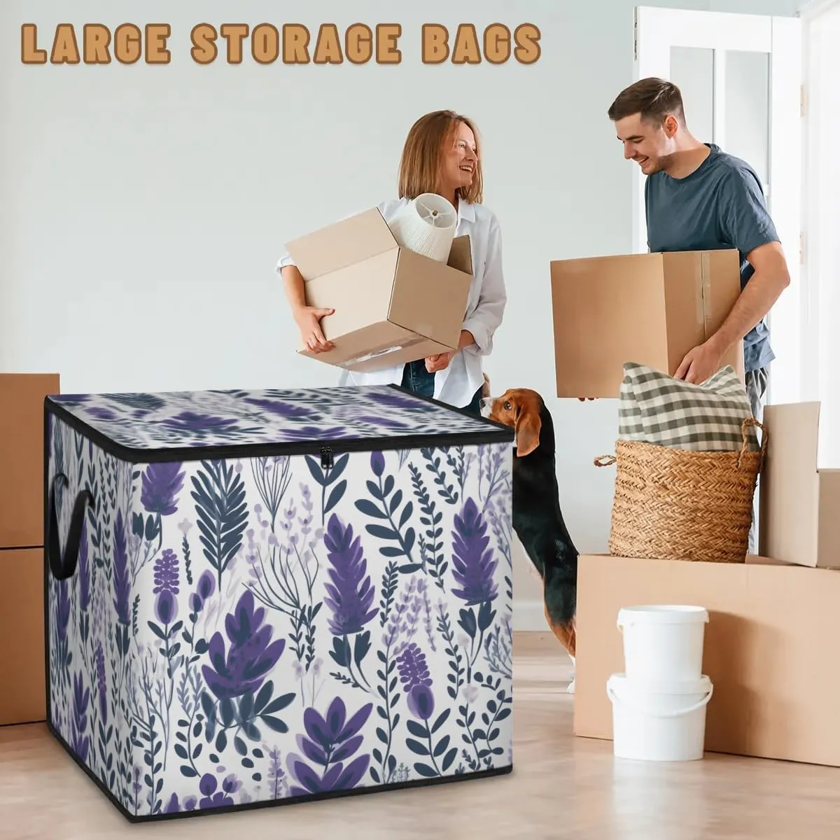 Large Storage Bags Lavender Floral Leaf Closet Organizer Foldable Clothes Storage Bins with Handles Storage Containers for Blanket Comforter Pillow
