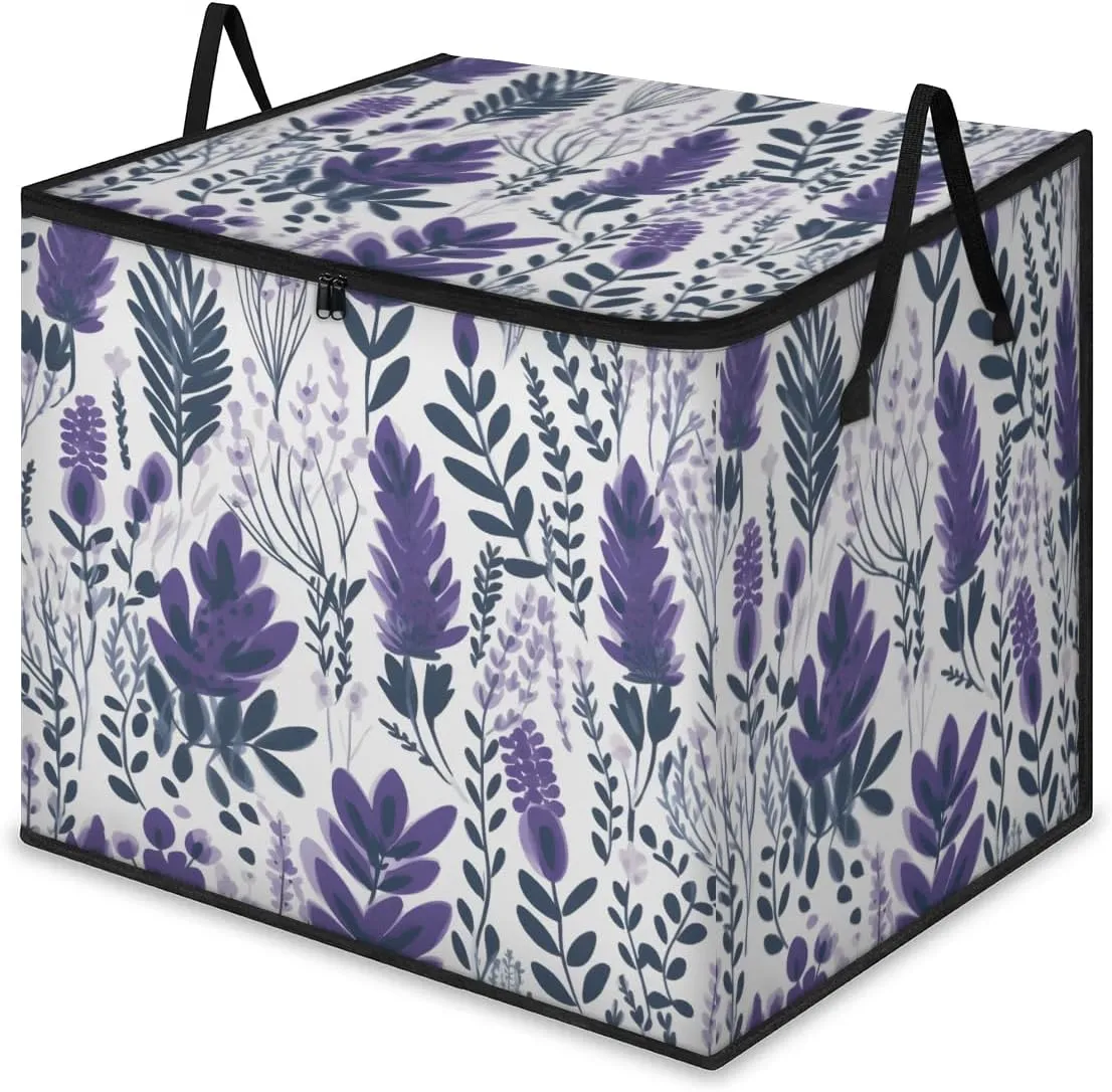 Large Storage Bags Lavender Floral Leaf Closet Organizer Foldable Clothes Storage Bins with Handles Storage Containers for Blanket Comforter Pillow