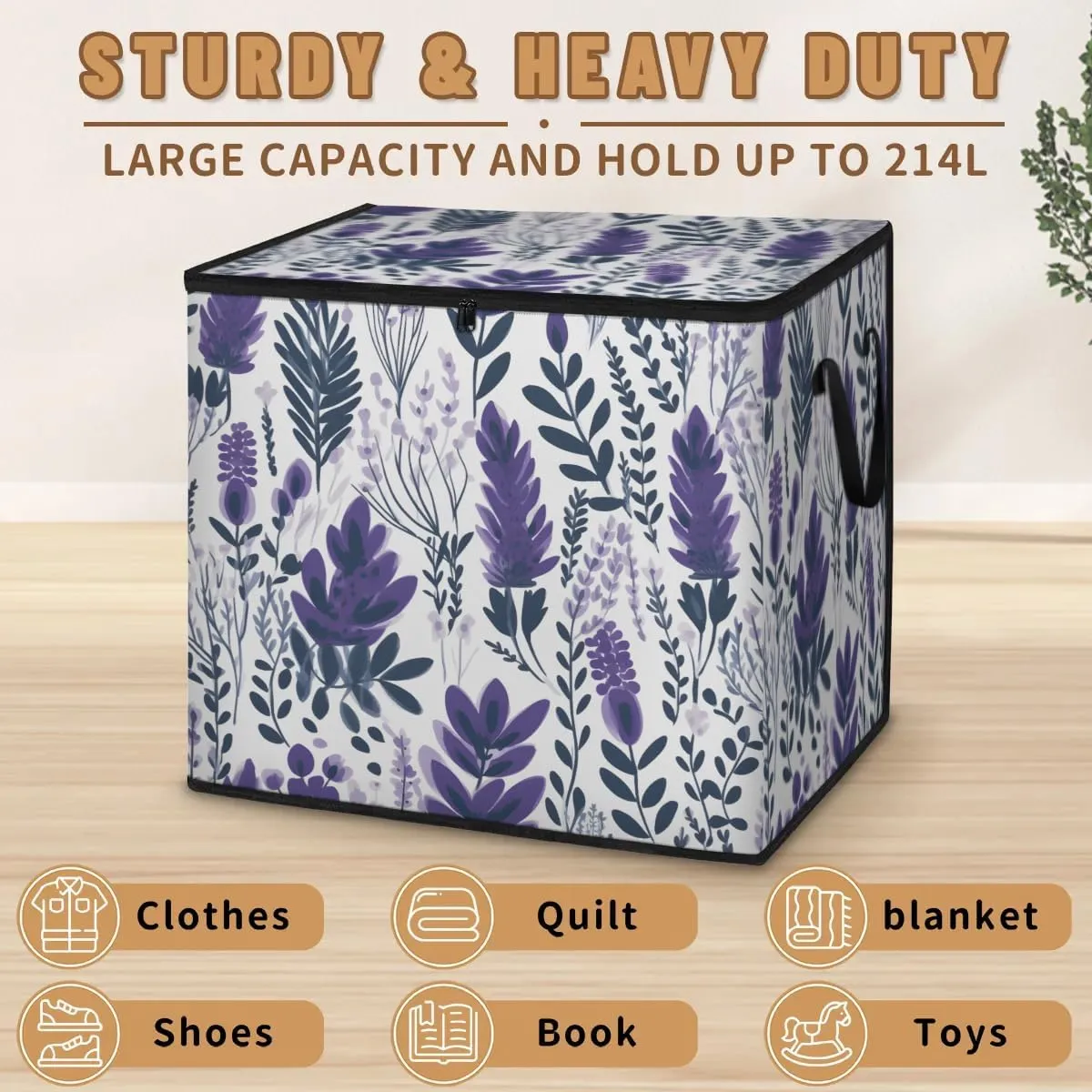Large Storage Bags Lavender Floral Leaf Closet Organizer Foldable Clothes Storage Bins with Handles Storage Containers for Blanket Comforter Pillow