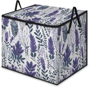Large Storage Bags Lavender Floral Leaf Closet Organizer Foldable Clothes Storage Bins with Handles Storage Containers for Blanket Comforter Pillow