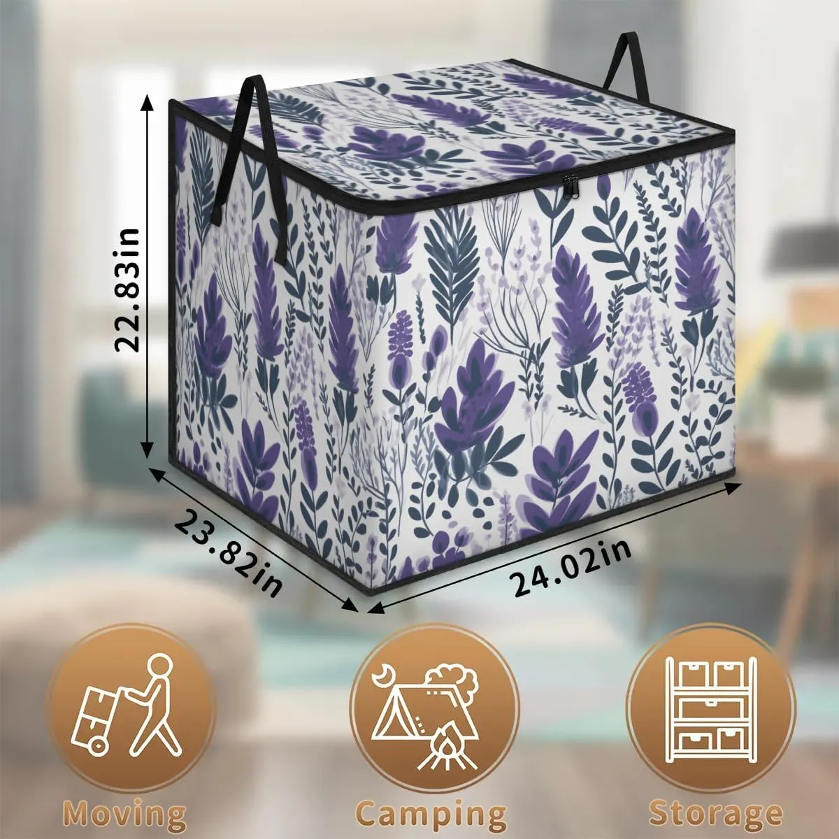 Large Storage Bags Lavender Floral Leaf Closet Organizer Foldable Clothes Storage Bins with Handles Storage Containers for Blanket Comforter Pillow