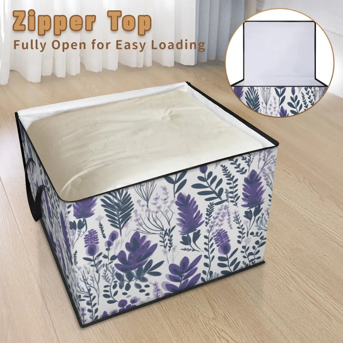 Large Storage Bags Lavender Floral Leaf Closet Organizer Foldable Clothes Storage Bins with Handles Storage Containers for Blanket Comforter Pillow