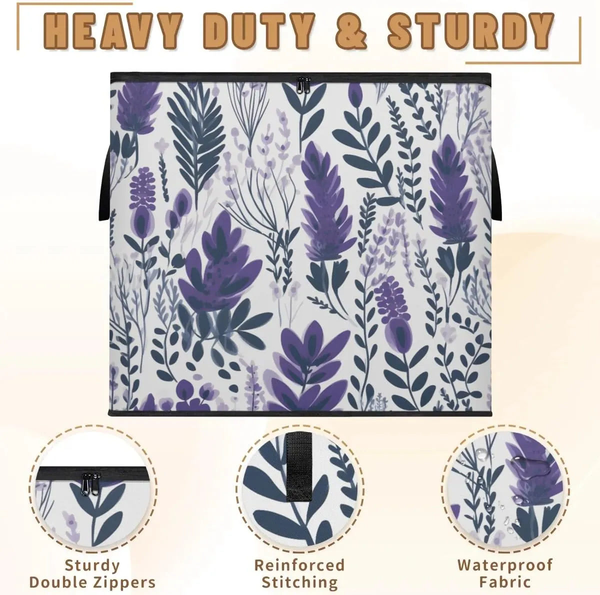 Large Storage Bags Lavender Floral Leaf Closet Organizer Foldable Clothes Storage Bins with Handles Storage Containers for Blanket Comforter Pillow