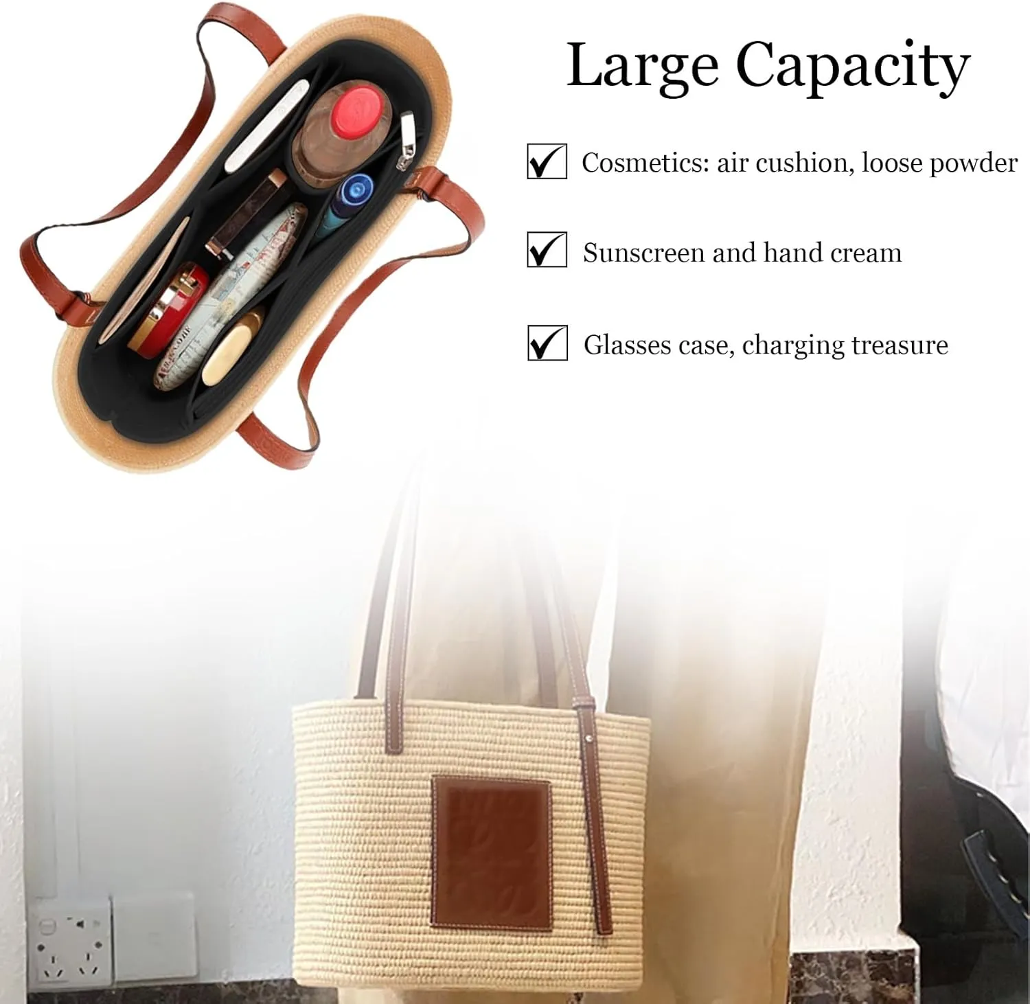 Lckaey Bag Organizer for loewe basket bag Purse Insert - Handbag Felt Insert Y097black