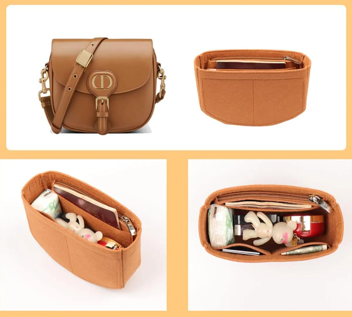 Lckaey Felt Insert Purse Organizer for saddle bag bobby liner bag handbag storage bag2045Caramel -L