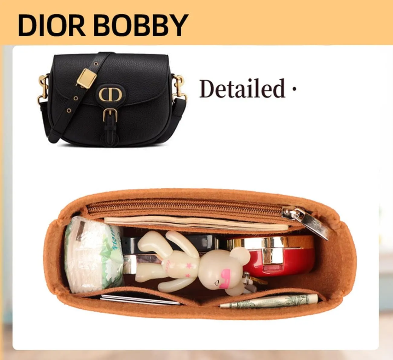 Lckaey Felt Insert Purse Organizer for saddle bag bobby liner bag handbag storage bag2045Caramel -L