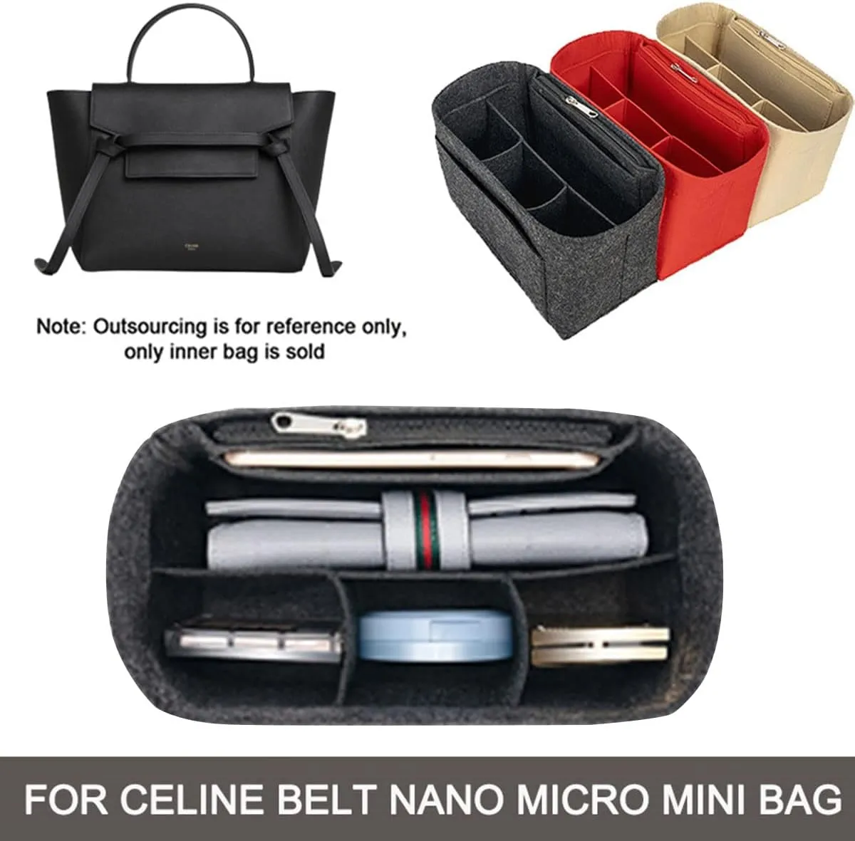 Lckaey Purse Organizer for celine nano belt bag organizer MINI bag insert felt bag organizer 3037Dark brown-S