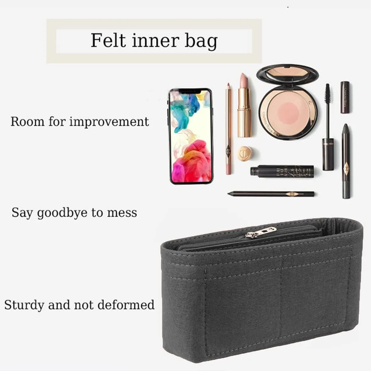 Lckaey Purse Organizer Insert for 19 Flap Bag Small bag Organizer with Side Zipper Pocket 1016grey-S