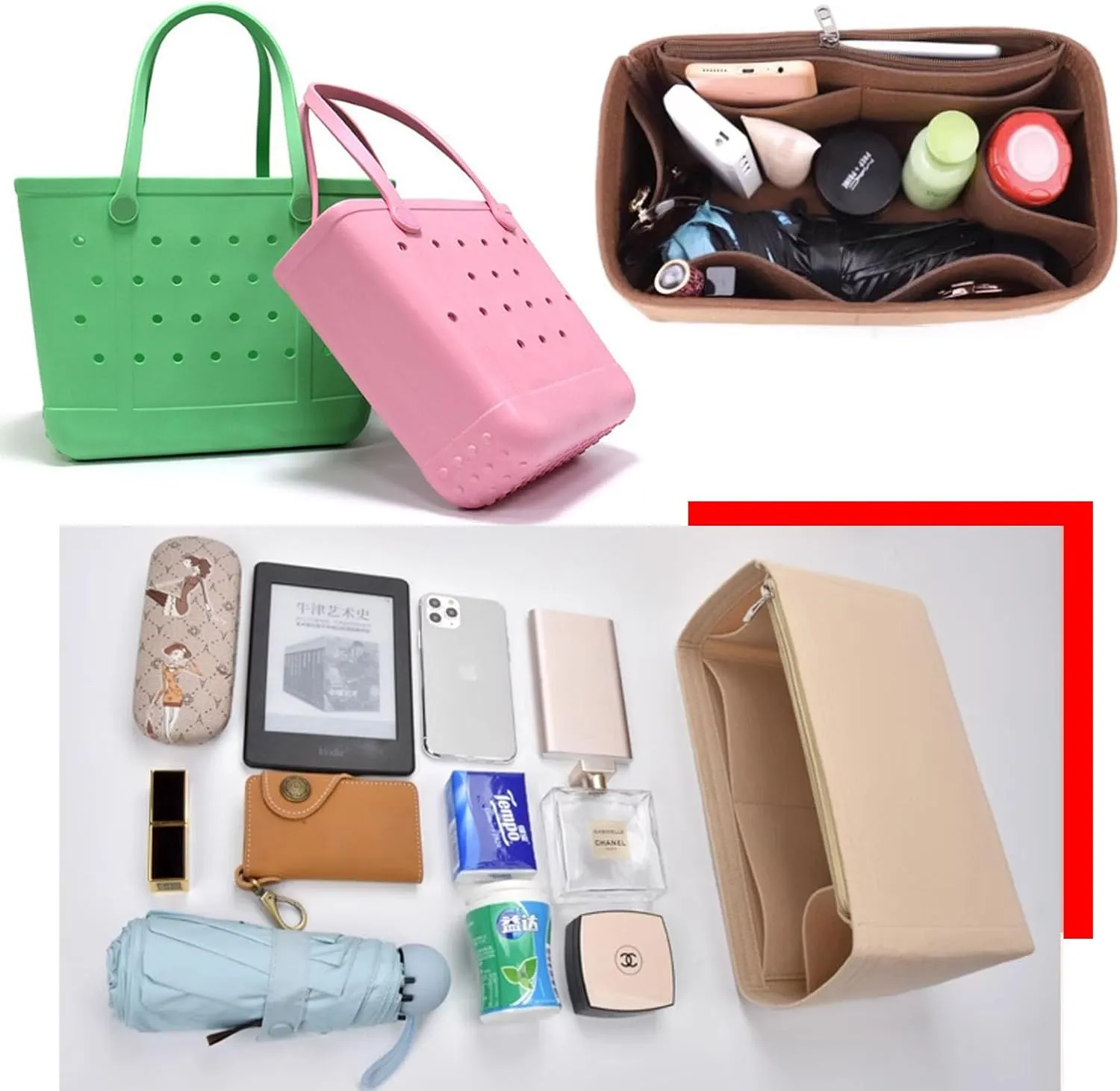 Lckaey Rubber Beach Bag Organizer Compatible with Bo Bag Tote,Divider Pouch for Bo Bags Accessories Felt Insert3018khaki-L