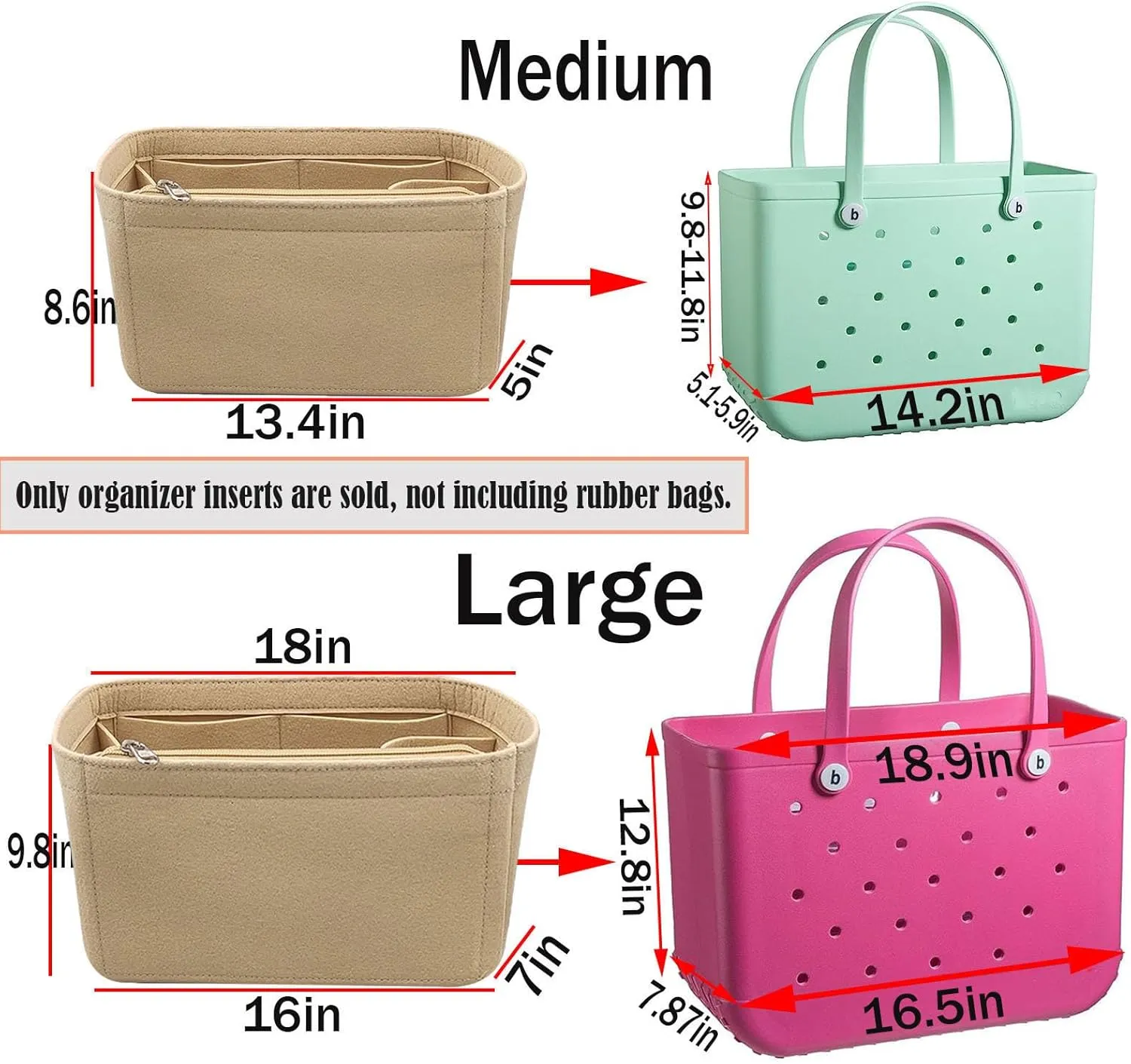 Lckaey Rubber Beach Bag Organizer Compatible with Bo Bag Tote,Divider Pouch for Bo Bags Accessories Felt Insert3018khaki-L