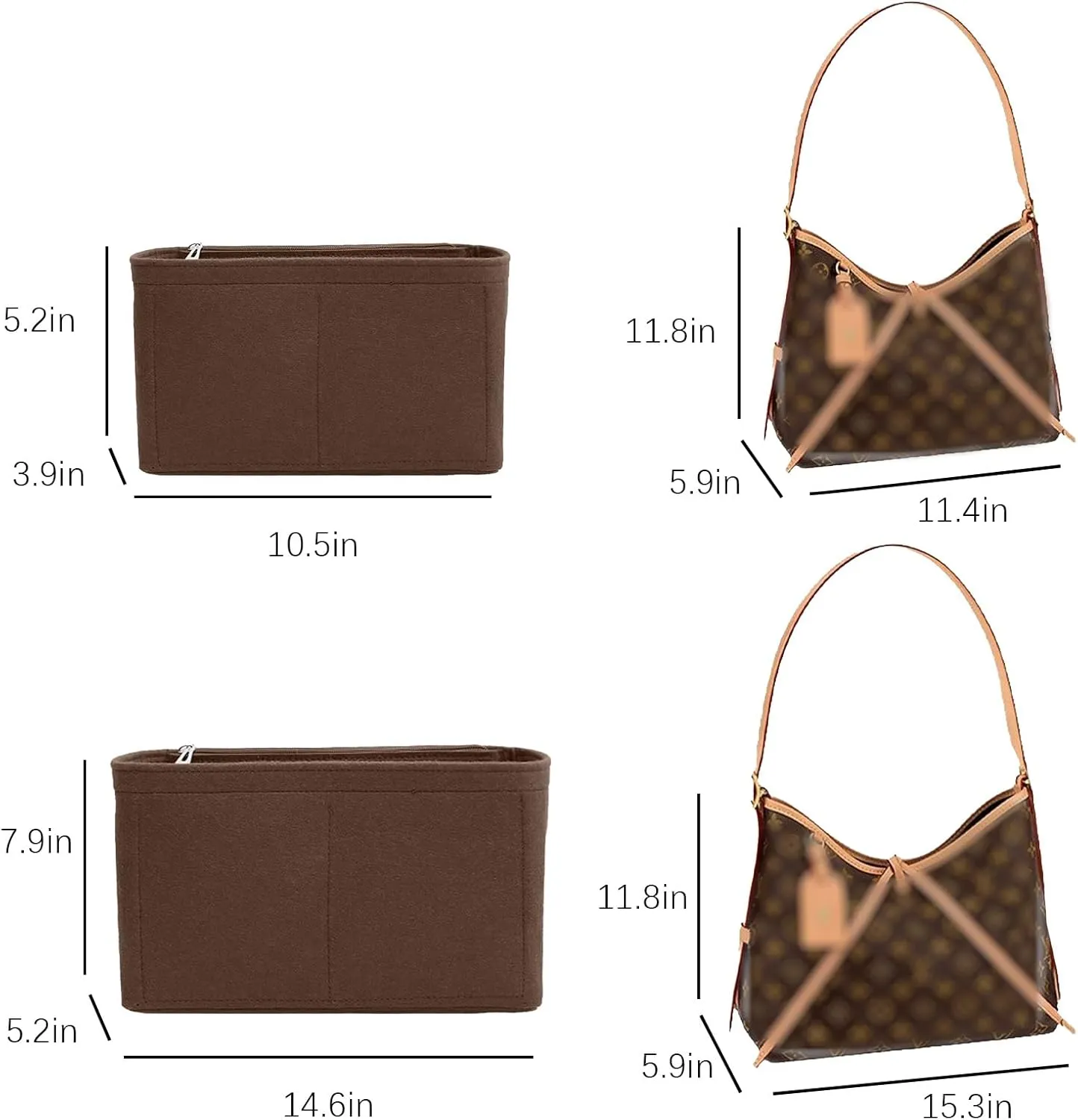 Lckaey tote Organizer Insert for Handbags&Tote Felt Bag for carryall golf cart parts bag Y076Coffee-L