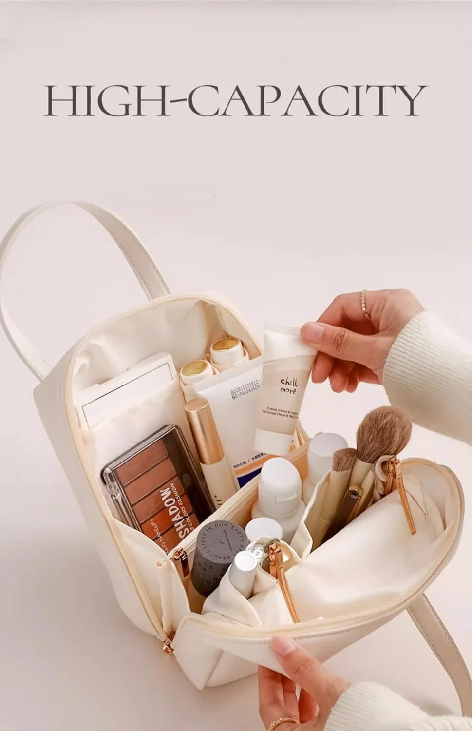 Leather Makeup Bag Portable Cosmetic Handbag with Compartments Large Zipper Travel Waterproof Toiletries for Women, Brown, One Size