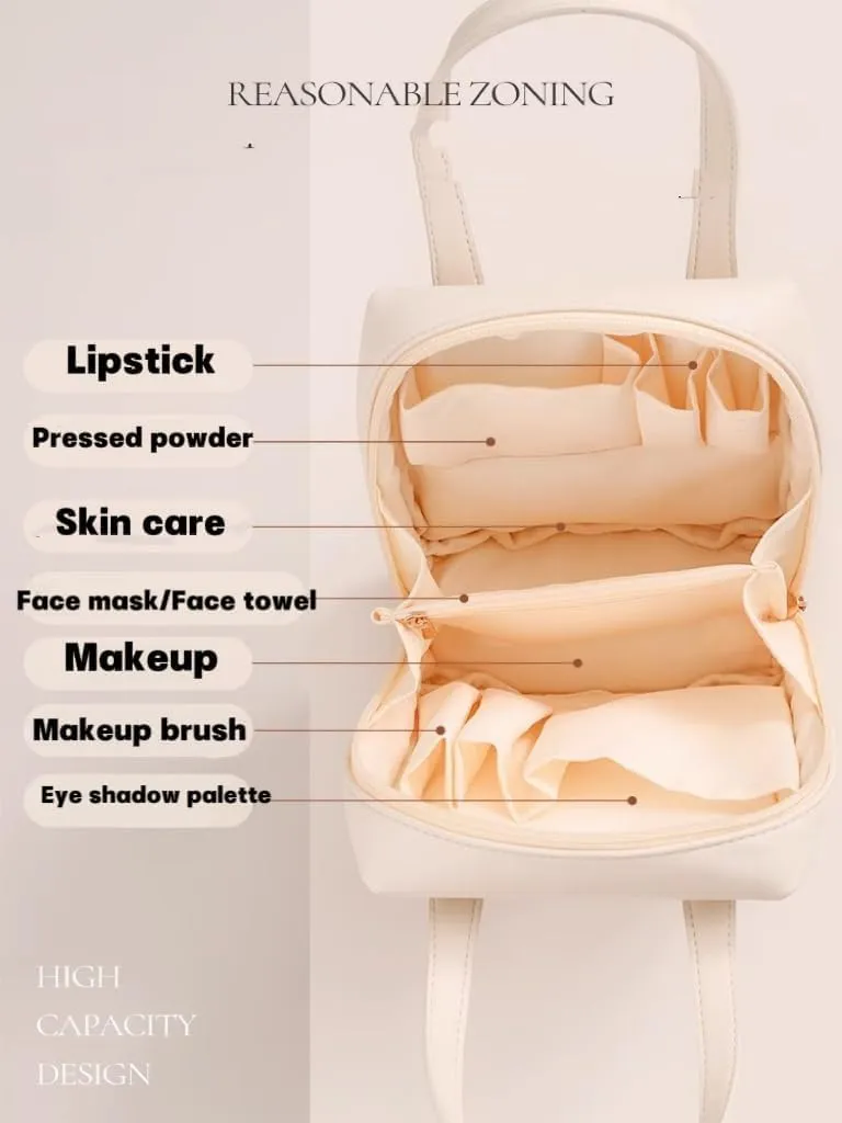 Leather Makeup Bag Portable Cosmetic Handbag with Compartments Large Zipper Travel Waterproof Toiletries for Women, Brown, One Size
