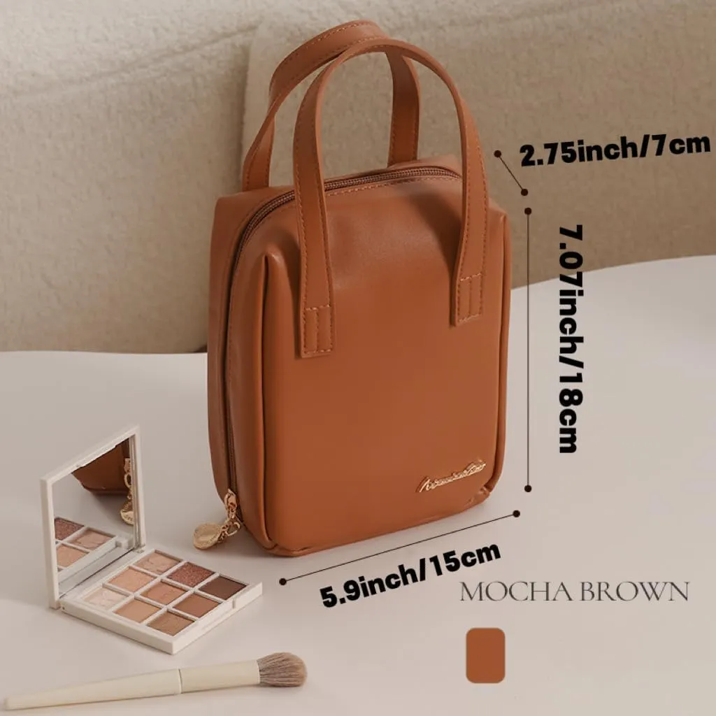 Leather Makeup Bag Portable Cosmetic Handbag with Compartments Large Zipper Travel Waterproof Toiletries for Women, Brown, One Size