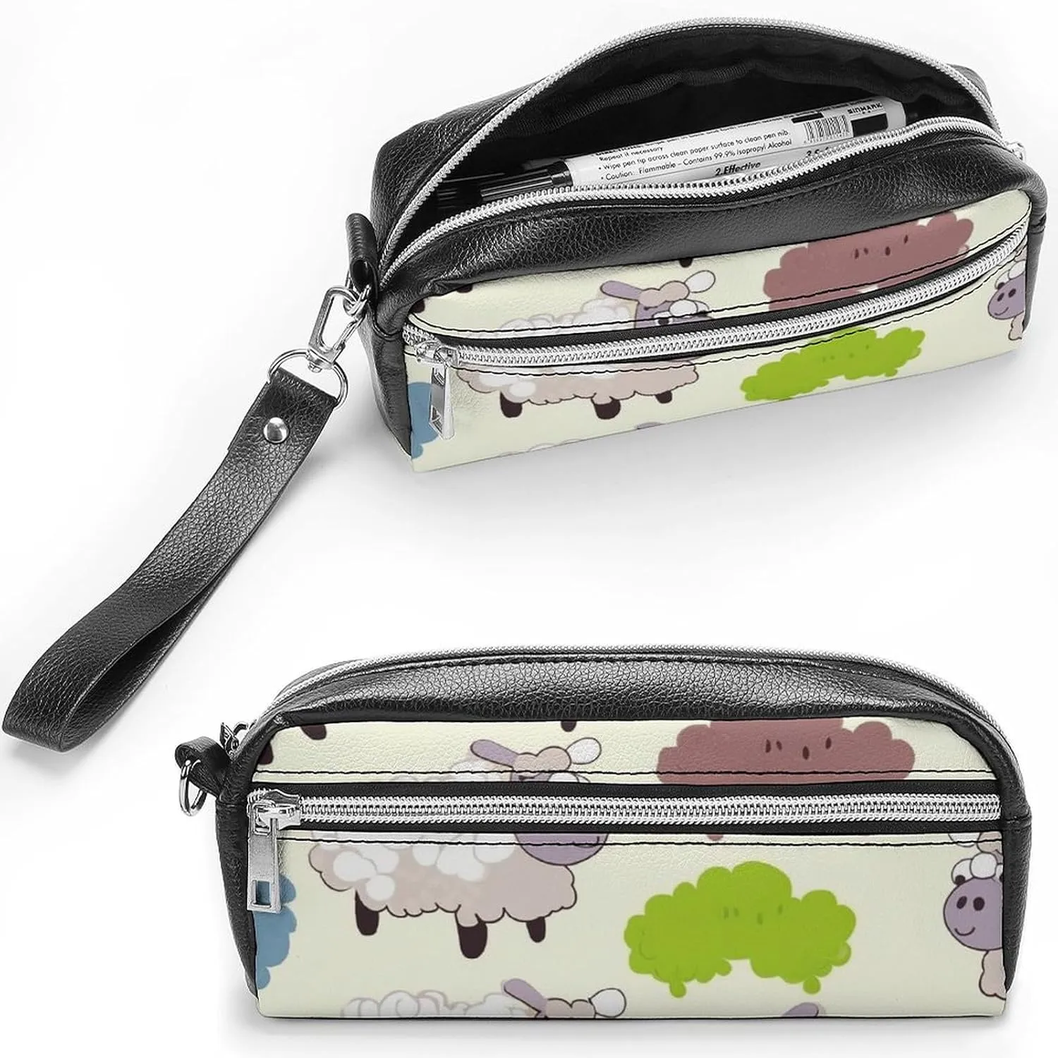 Leather Pencil Cases Cartoon Sheep Pen Pouch Travel Cosmetic Bag for Purse Portable Makeup Brush Bag Holder Coin Purse for Women Makeup Case Purse Organizer