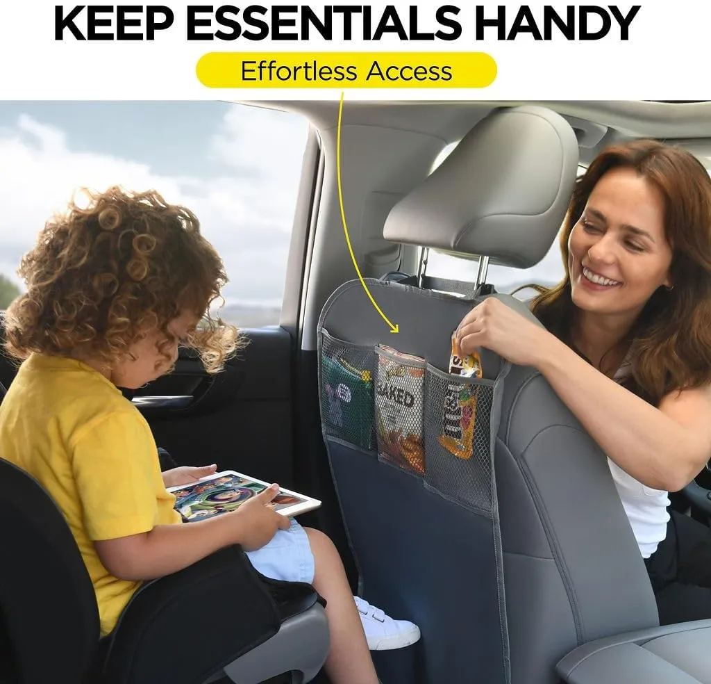 lebogner Back Seat Cover For Kids   3 Pocket Storage Organizer, 2 Pack X-Large Multifunctional Kick Mats Backseat Protector, Car Seat Back Protectors For Vehicles To Protect From Dirt & Scuffs, Grey