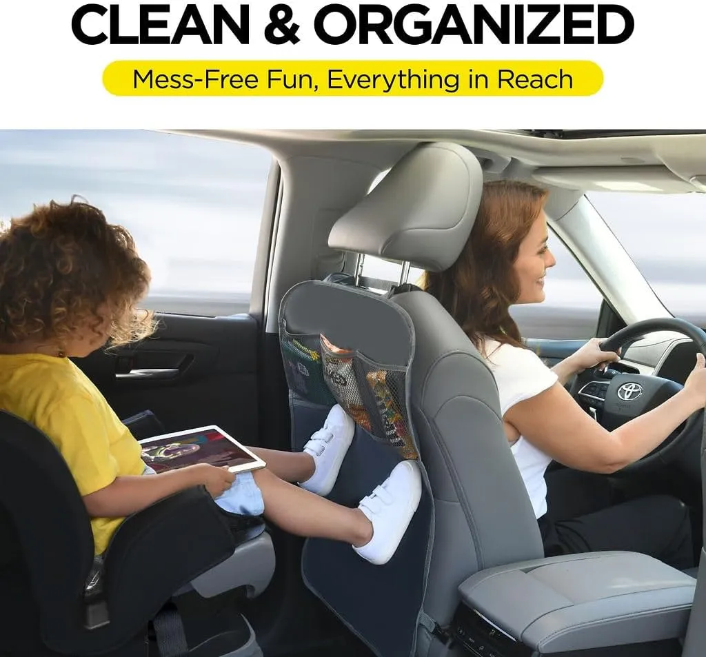 lebogner Back Seat Cover For Kids   3 Pocket Storage Organizer, 2 Pack X-Large Multifunctional Kick Mats Backseat Protector, Car Seat Back Protectors For Vehicles To Protect From Dirt & Scuffs, Grey