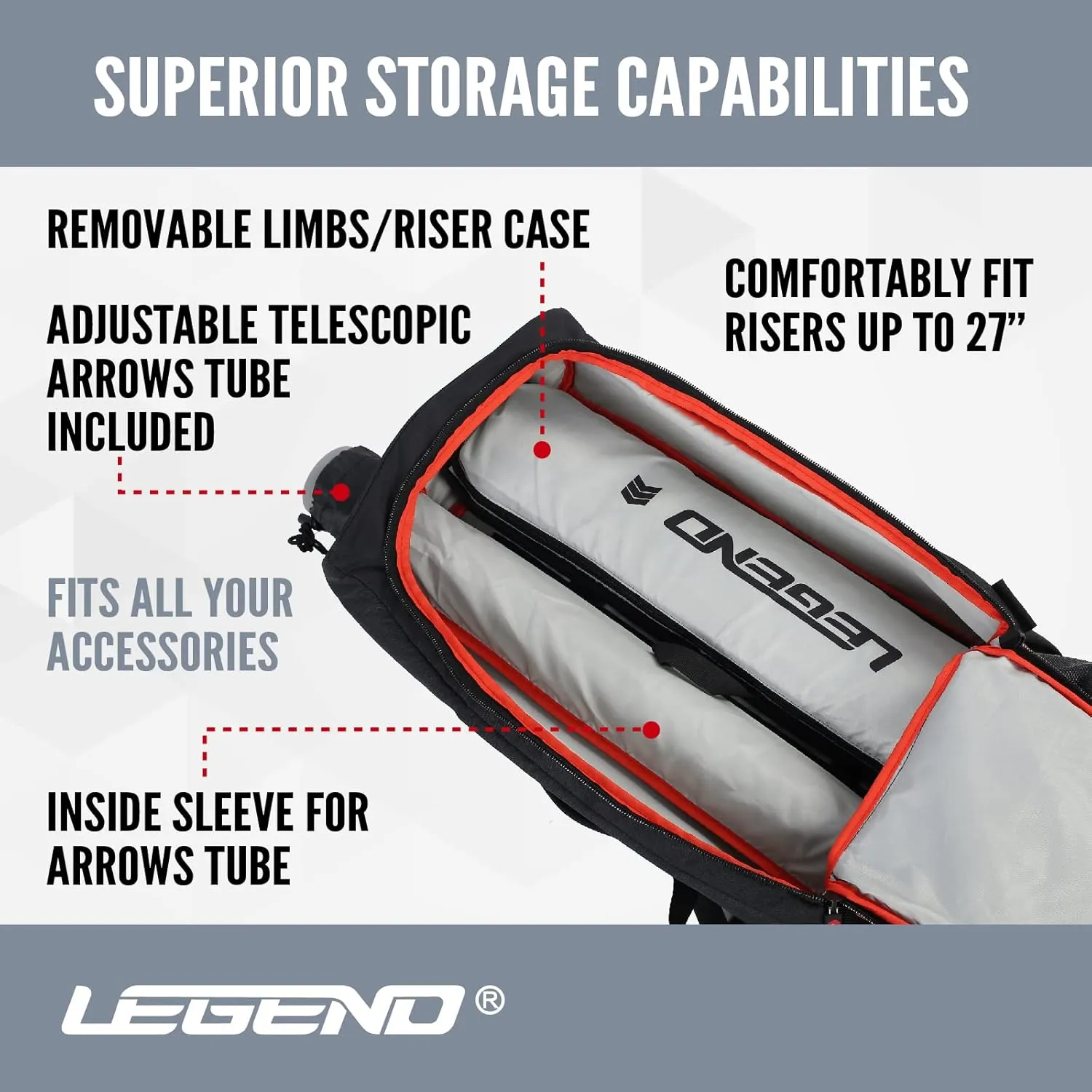 Legend Archery ProTour Backpack - Premium Recurve Bow Case - With Arrows Telescopic Tube - Take Down Recurve Bow up to 27"